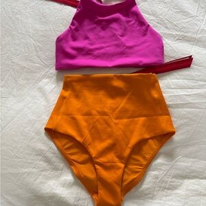 Left On Friday Hot Pink Halter Bikini Top with Orange High Waist Bottom